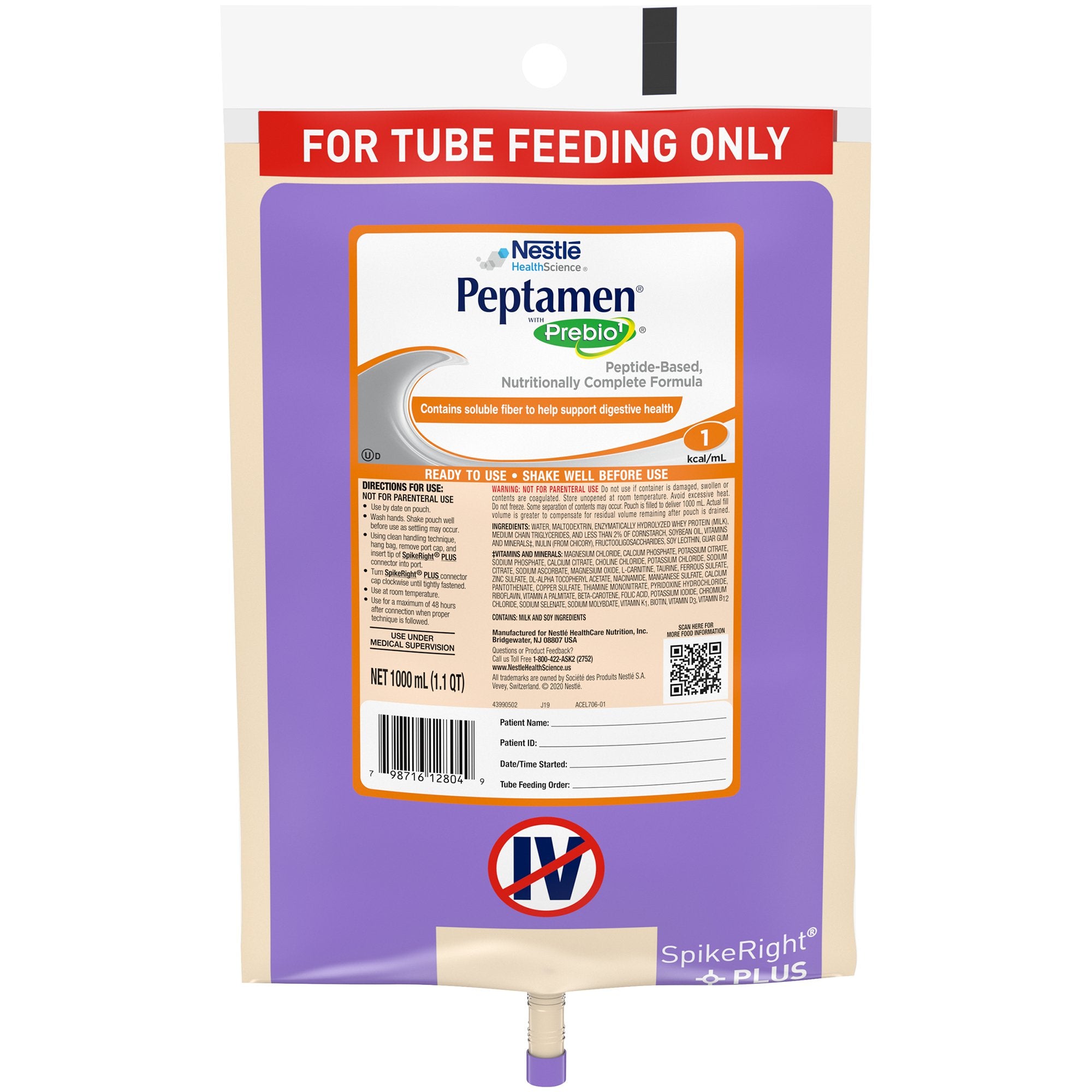 Peptamen with Prebio1 Ready to Hang Tube Feeding Formula, 33.8 oz. Bag -Case of 6