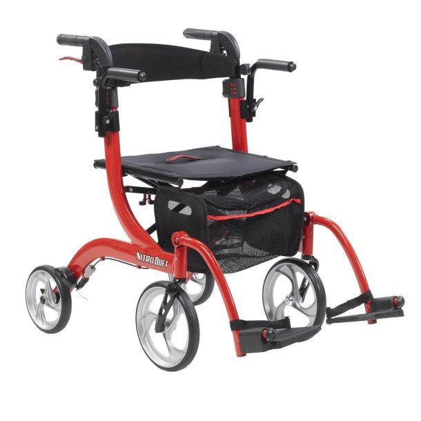 drive Nitro Duet 4 Wheel Rollator / Transport Chair, Red -Each