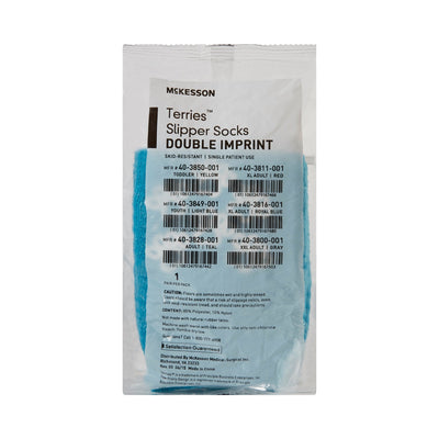 McKesson Terries Adult Slipper Socks Skid-Resistant Tread Sole and Top, Small, Teal -Case of 48