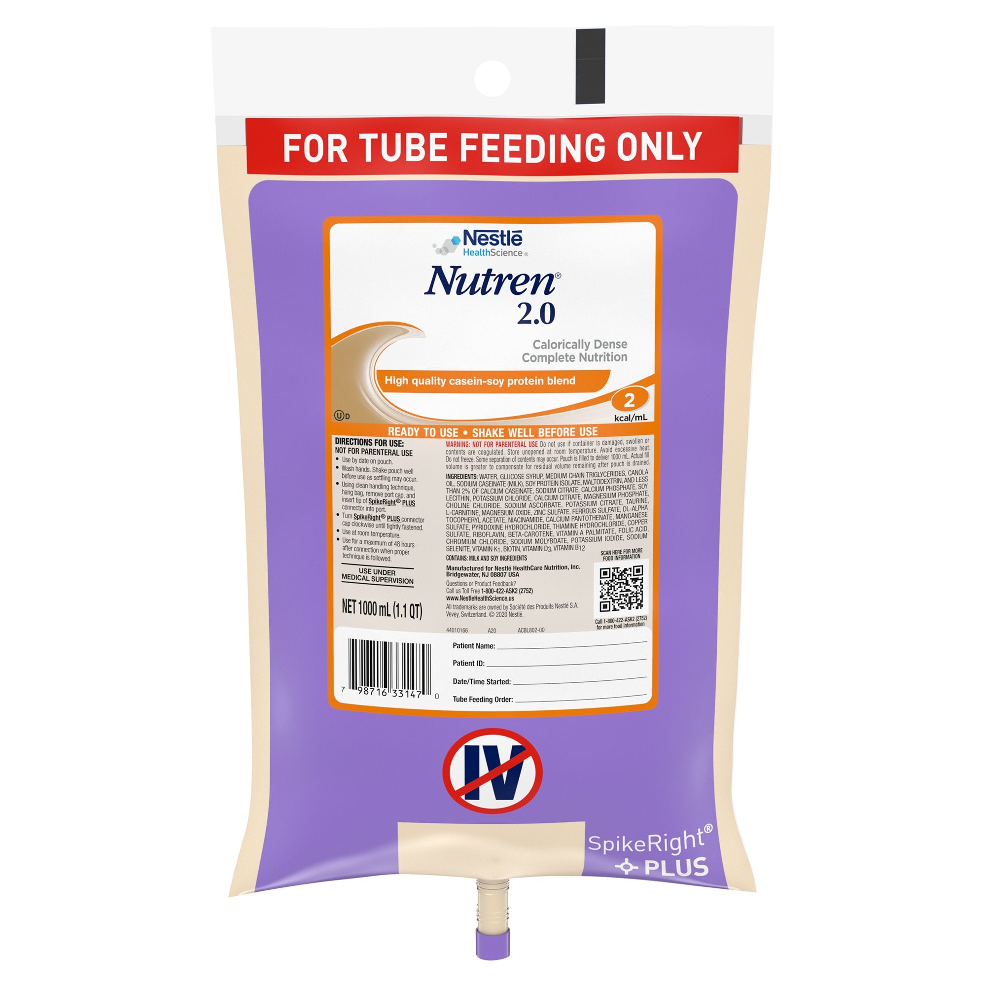 Nutren 2.0 Ready to Hang Tube Feeding Formula, 33.8 oz. Bag -Case of 6