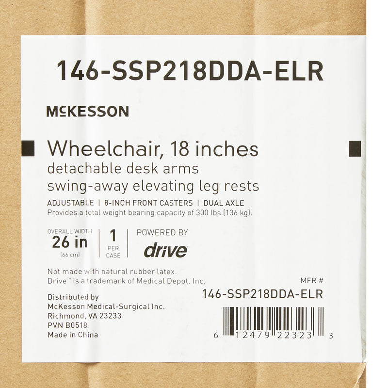 McKesson Dual Axle Wheelchair with Desk Length Arm Swing-Away Elevating Legrest, 18 Inch Seat Width -Each