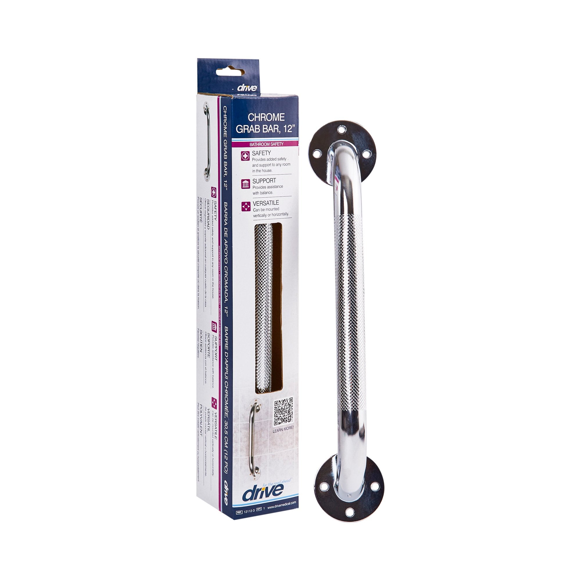 drive Knurled Steel Wall Grab Bar, Chrome, 12 Inch -Each