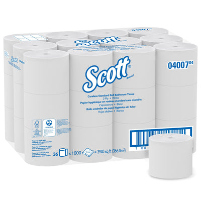 Scott Essential Toilet Tissue, 2-Ply, Standard Size, Coreless Roll -Case of 36