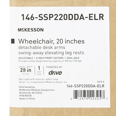McKesson Dual Axle Wheelchair with Desk Length Arm Swing-Away Elevating Legrest, 20 Inch Seat Width -Each