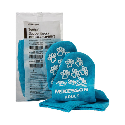 McKesson Terries Adult Slipper Socks Skid-Resistant Tread Sole and Top, Small, Teal -Case of 48