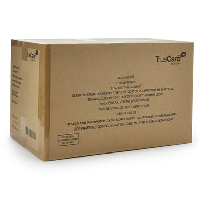 TrueCare Biomedix Chemotherapy Procedure Gown, One Size Fits Most White Sterile ASTM F739-12 Disposable -Carton of 50