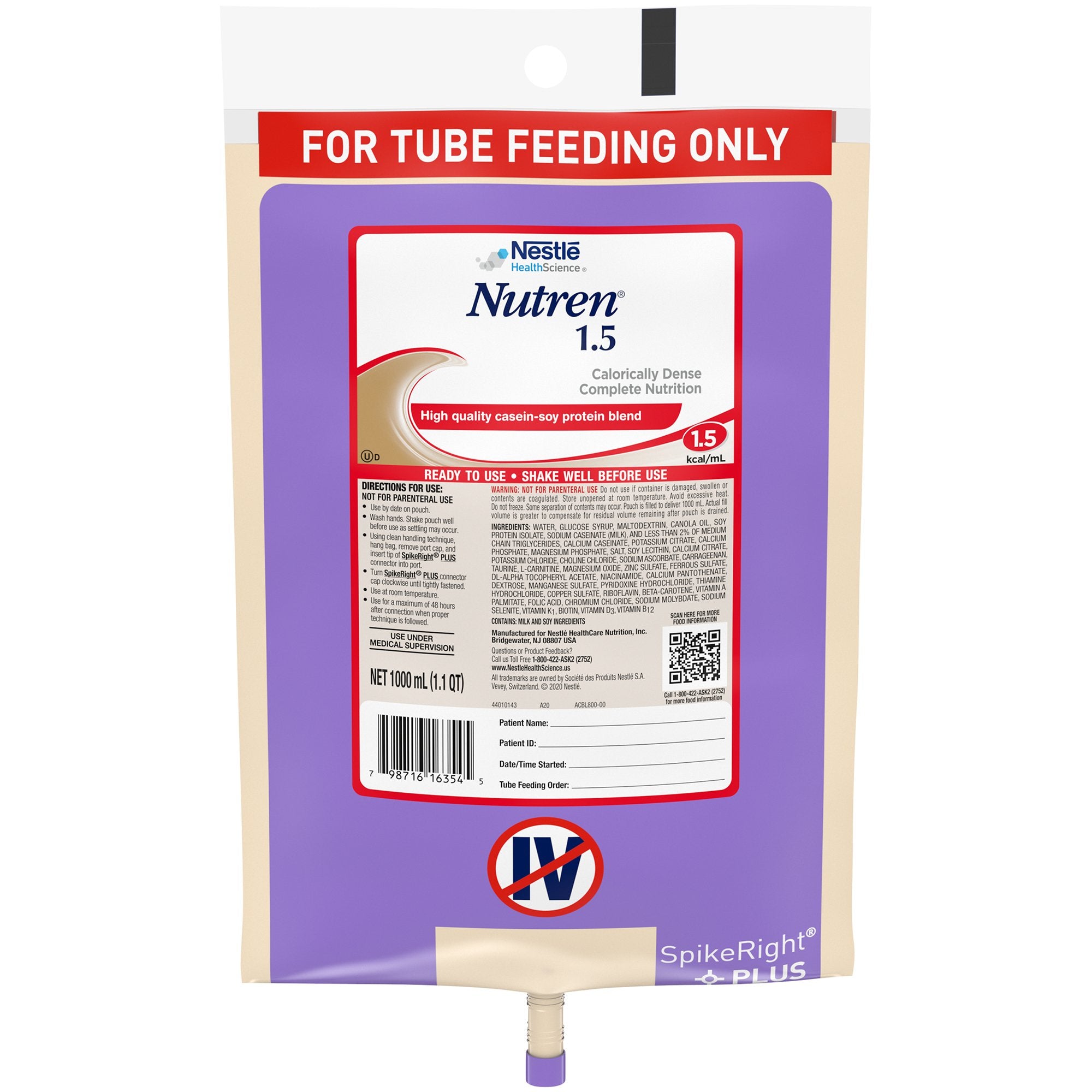 Nutren 1.5 Ready to Hang Tube Feeding Formula, 33.8 oz. Bag -Case of 6