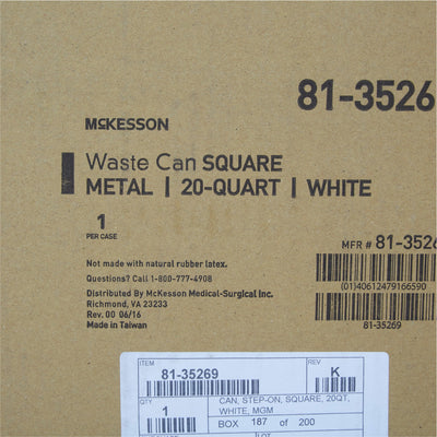 McKesson Trash Can With Plastic Liner, Square, Steel, Step-On, 20 QT, White -Each