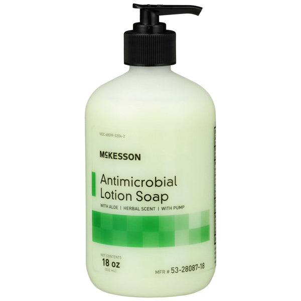 McKesson Antimicrobial Lotion Soap, Herbal Scent, 18 oz, Pump Bottle, Green, 0.95% Strength - 937908_EA - 1