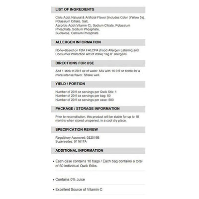 Sqwincher Quik Stik Zero Lemonade Electrolyte Replenishment Drink Mix, 0.11 oz. Individual Packet - 1057736_PK - 2